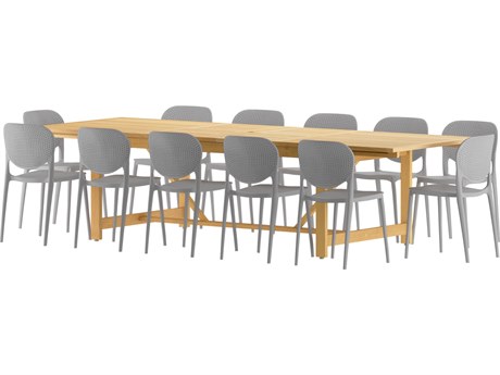 International Home Miami Amazonia Interlagos Teak Finish 13 Piece Outdoor Rectangular Extendable dining set with Grey Plastic chairs