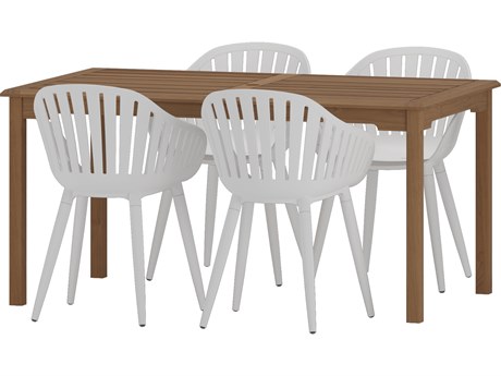 International Home Miami Amazonia Suzuka Teak 5 Piece Outdoor Rectangular dining set with White aluminum legs chairs