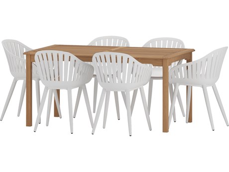 International Home Miami Amazonia Suzuka Teak 7 Piece Outdoor Rectangular dining set with White aluminum legs chairs