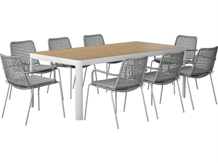 International Home Miami Amazonia Kimmi Wood 9 Piece Outdoor Rectangular Dining Set with 6 Grey Chairs