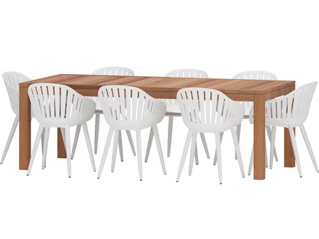 International Home Miami Amazonia Mexico Teak 9 Piece Outdoor Rectangular dining set with White aluminum legs chairs