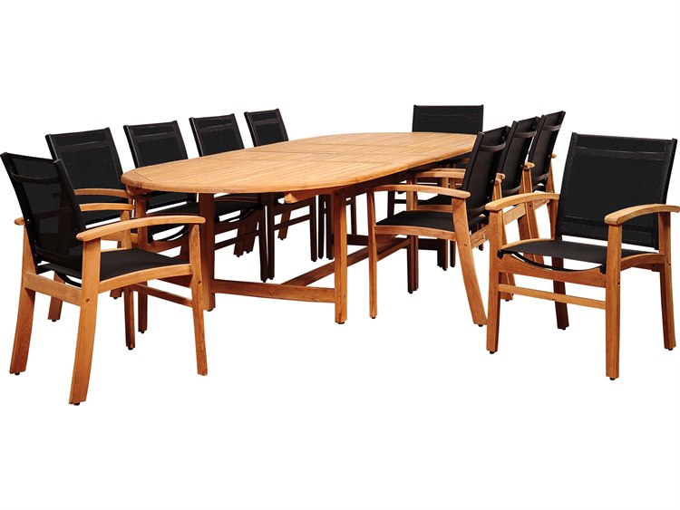 International Home Miami Amazonia Teak Edenton 11 Piece Double-Extendable Oval Dining Set with Black Sling Chair