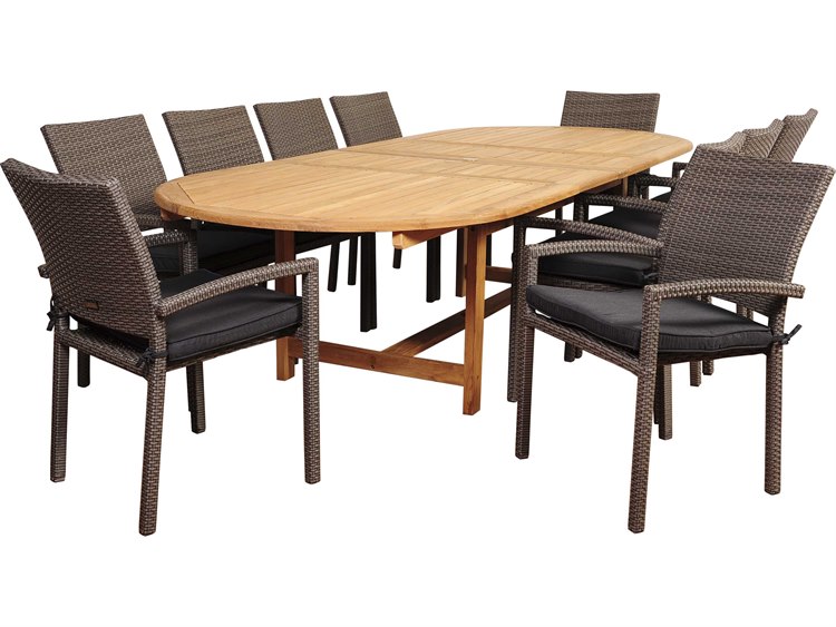 International Home Miami Amazonia Teak/Wicker City Villa 11 Piece Double-Extendable Oval Dining Set with Grey Cushions