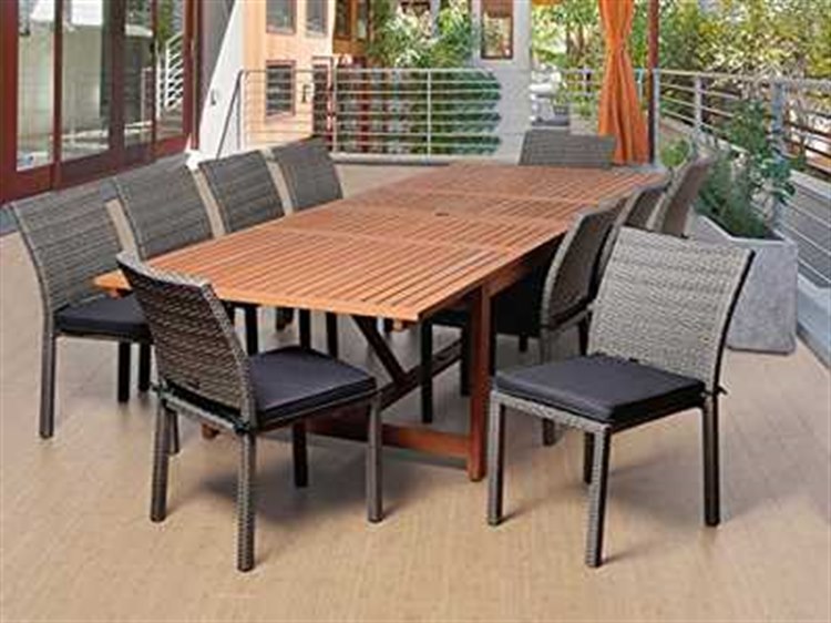 International Home Miami Amazonia Eucalyptus & Wicker Rectangular 11 Piece Extendable Winston Dining Set with Grey Cushions