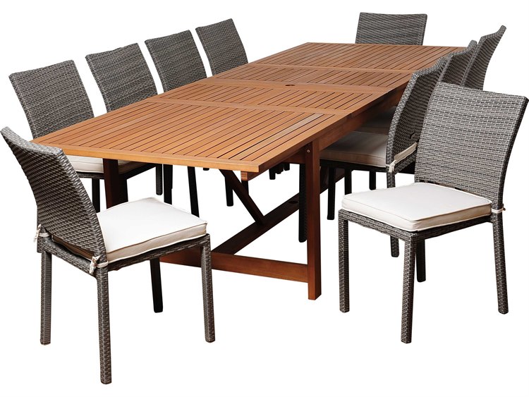 International Home Miami Amazonia Eucalyptus & Wicker Rectangular 11 Piece Extendable Angelo Outdoor Dining Set with Off-White Cushions