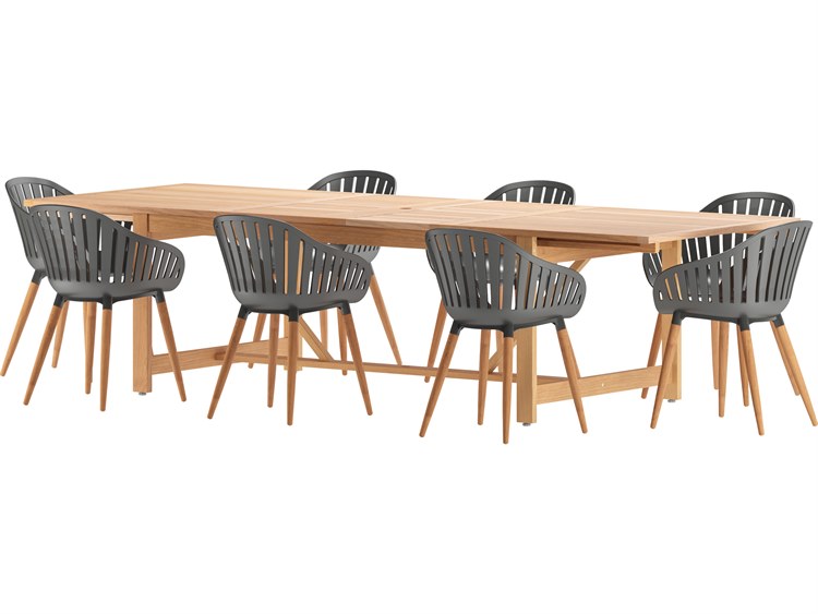 International Home Miami Amazonia Wood Resin Brown/Black & Brown 9 Piece Rectangular Outdoor Dining Set