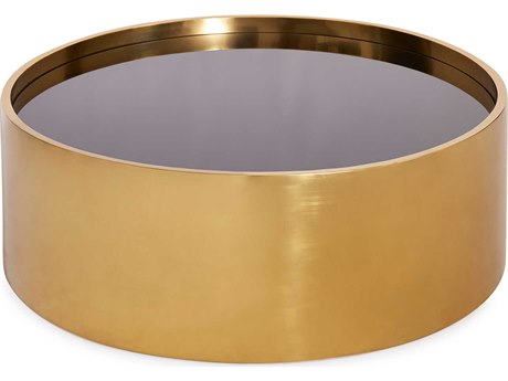 Jonathan Adler Alphaville Round Honed Brass Black Glass Coffee Table