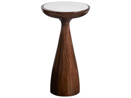 Jonathan Adler Buenos Aires Round White Volakas Marble Mahogany End Table