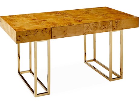 Jonathan Adler Bond Natural Burled Mappa Polished Brass Brown Maple Wood Executive Desk
