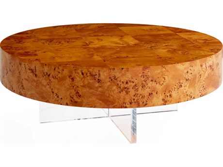 Jonathan Adler Bond Round Wood Natural Burled Mappa Clear Acrylic Coffee Table