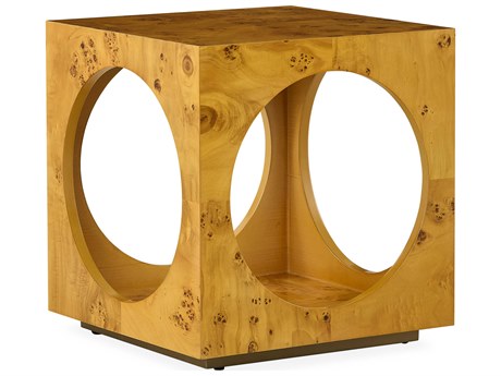 Jonathan Adler Bond Cube Square Wood Natural Burled Mappa Antique Brass End Table