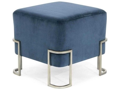John Richard Christine Rendino Shaftsbury Blue Velvet Burnished Silver Upholstered Ottoman