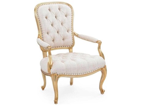 John Richard Christine Rendino Trianon Tufted Mahogany Wood Gold Upholstered Arm Dining Chair