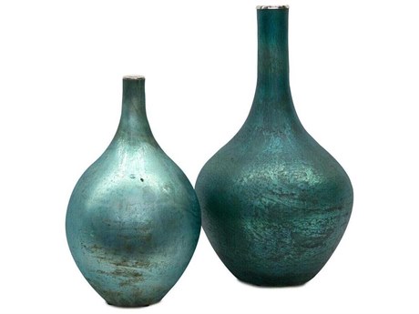 John Richard Peacock Blue Iridescent Vase Set of 2