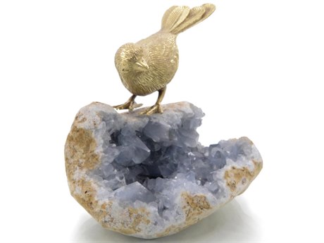 John Richard Brass Bird on Celestite Rock-II Sculpture