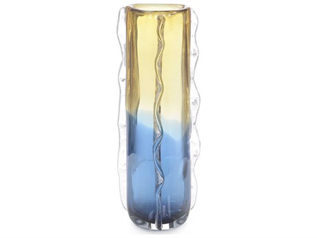 John Richard Blue Yellow Rippled Handblown Glass Vase