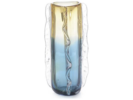 John Richard Blue Yellow Rippled Handblown Glass Vase