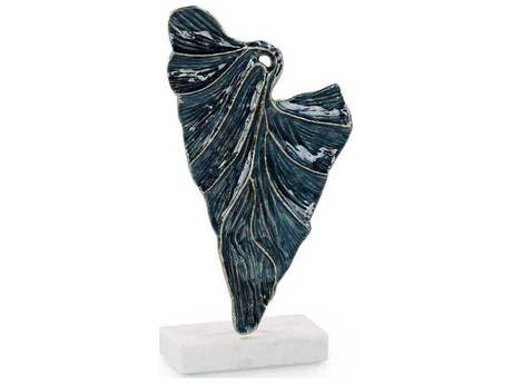 John Richard Standing Leaf on Marble Base Blue Sculpture