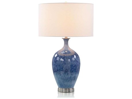 John Richard Cerulean Blue Porcelain Brushed White Linen Outside Silk Inside Buffet Lamp