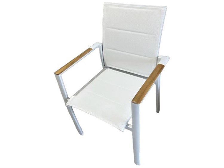 Schnupp Patio Cali Sling Aluminum White Dining Chair with Teak Arm
