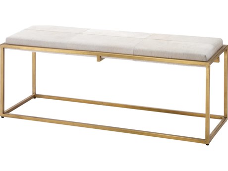 Jamie Young Shelby White Hide Antique Brass Metal Gold Leather Accent Bench