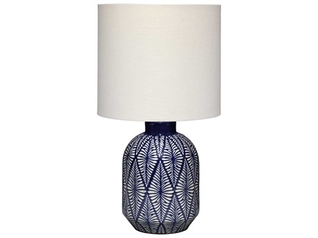 Jamie Young Highland Blue Cream Linen Drum Rolled Edge Table Lamp