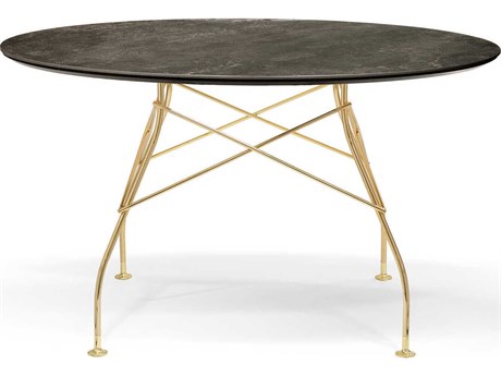 Kartell Glossy Round Stone Marble Aged Bronze Gold Dining Table