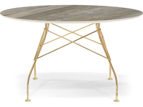 Kartell Glossy Round Stone Marble Gray Gold Dining Table