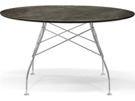 Kartell Glossy Round Stone Marble Aged Bronze Chrome Dining Table