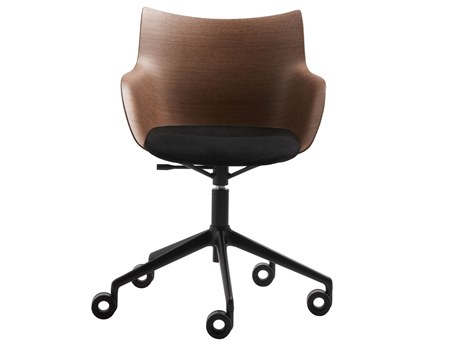Kartell Q/Wood Soft Office Chair in Basic Veener Dark Wood Seat, Brown Cushion & Black Legs
