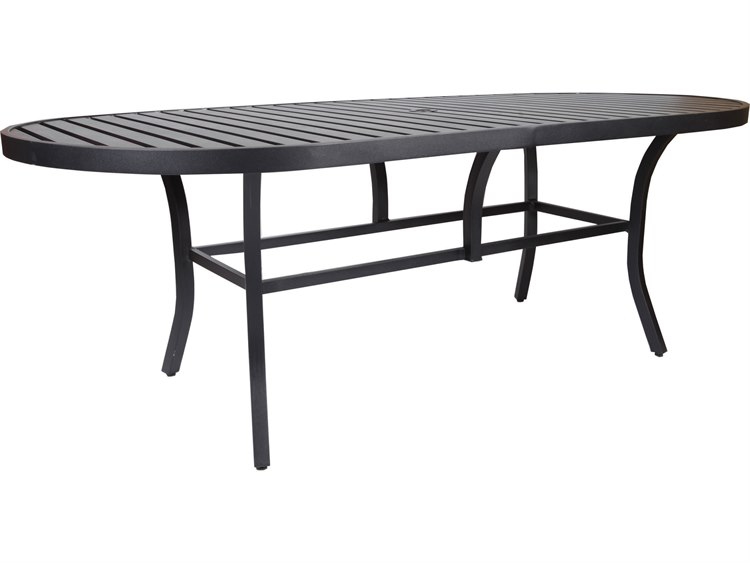 Lane Venture Craftmans Aluminum 84''W x 42''D Oval Slat Top Dining Table with Umbrella Hole