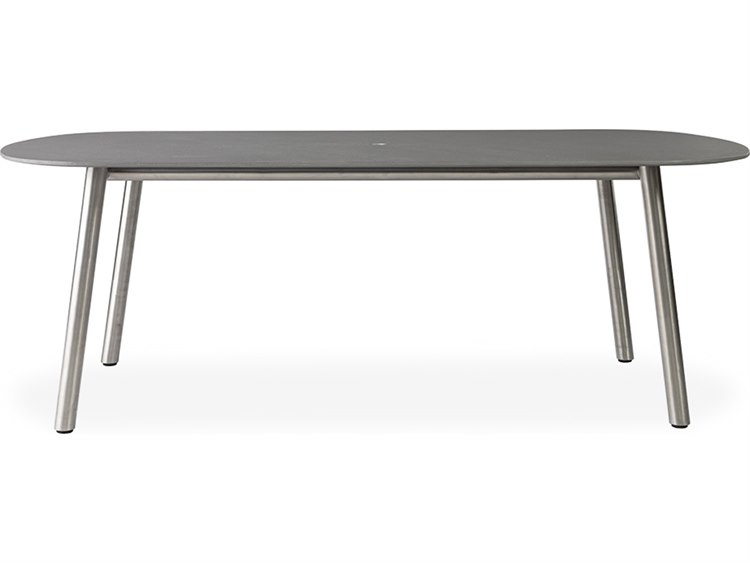 Lloyd Flanders Elevation Stainless Steel 84''W x 44''D Oval Light Gray Corian Top Dining Table with Umbrella Hole