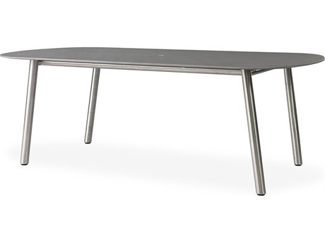 Lloyd Flanders Elevation Stainless Steel Oval Light Gray Corian Top Outdoor Patio Dining Table with Umbrella Hole