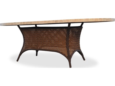 Lloyd Flanders Grand Traverse Wicker 84'' x 44'' Oval Stone Dining Table with Umbrella Hole