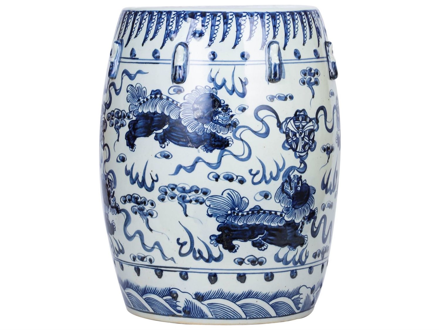 Legend Of Asia Blue White Garden Stool With Lion Motif Loa1311