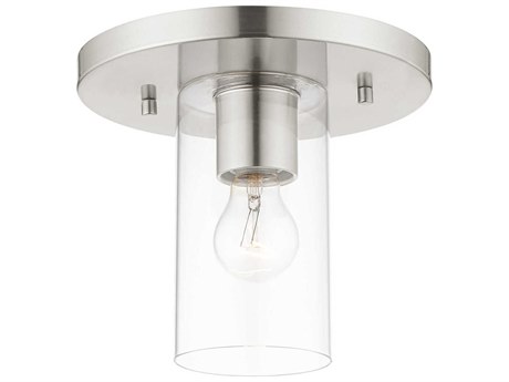 Livex Lighting Zurich 1-Light Brushed Nickel Clear Glass Cylinder Geometric Flush Mount