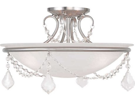 Livex Lighting Chesterfield Pennington 3-Light Brushed Nickel White Crystal Glass Bowl Semi Flush Mount