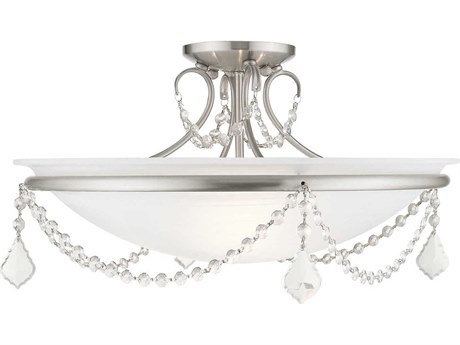 Livex Lighting Chesterfield Pennington 3-Light Brushed Nickel White Crystal Glass Bowl Semi Flush Mount