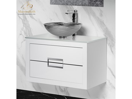 Maestro BathIncantesimo 40" Modern Bathroom Vanity  White And Silver  Wall-Mounted  Glass Top: Flat