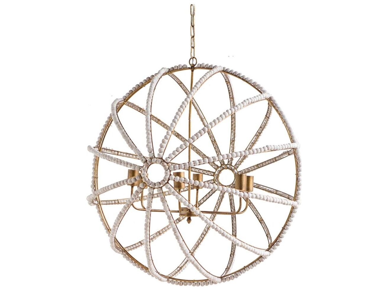 Ava White (34"D) Gold Metal and Wood Beaded Six Bulb Chandelier