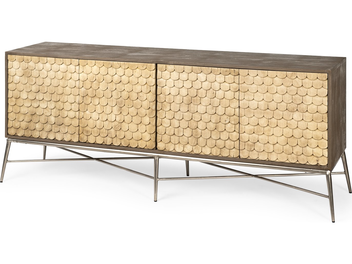 Swordfish 72L x 19W x 30.25H Two-Tone Brown Wood Cabinet Silver Metal Base 4 Cabinet Door Sideboard