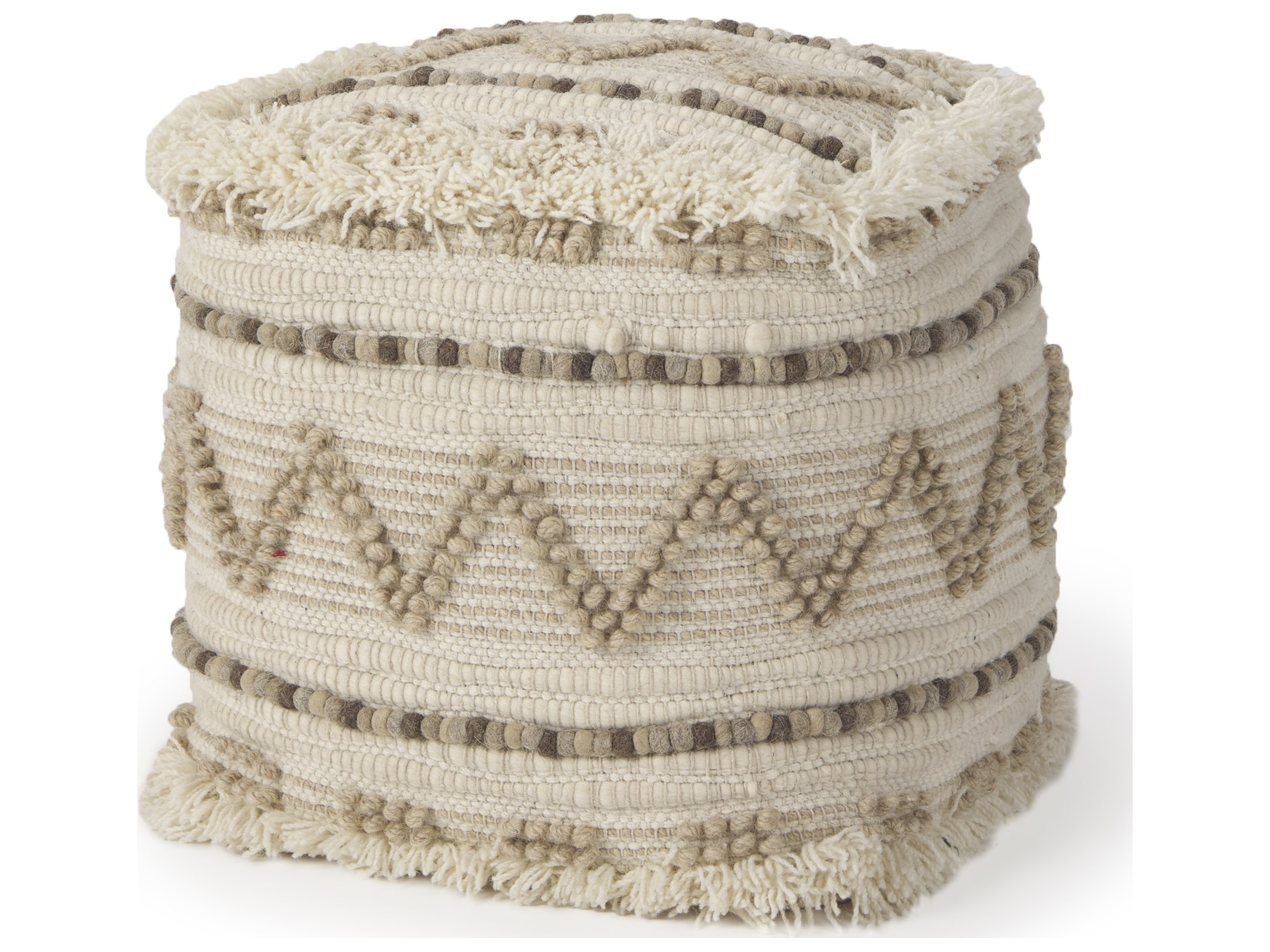 Caela Beige/Brown Wool, Cotton and Felt Popcorn Stitch Square Pouf