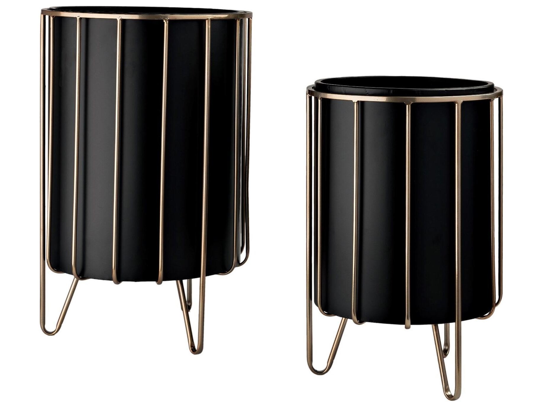 Pianta 13 x 21 Set of Two Black Metal Insert Brass Frame Plant Stands