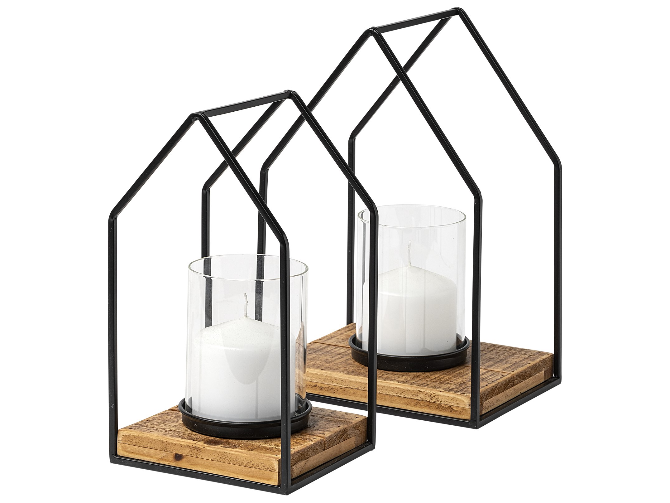 Leopold Set of Two Black Metal Wooden Base Table Candle Holders