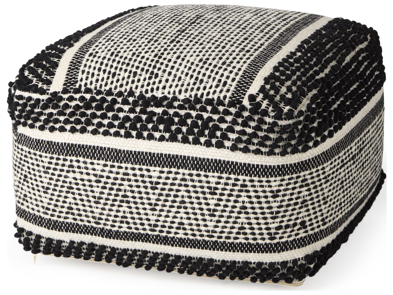 Garima 22.0L x 22.0W x 14.0H Black/White Wool and Cotton Patterned Pouf