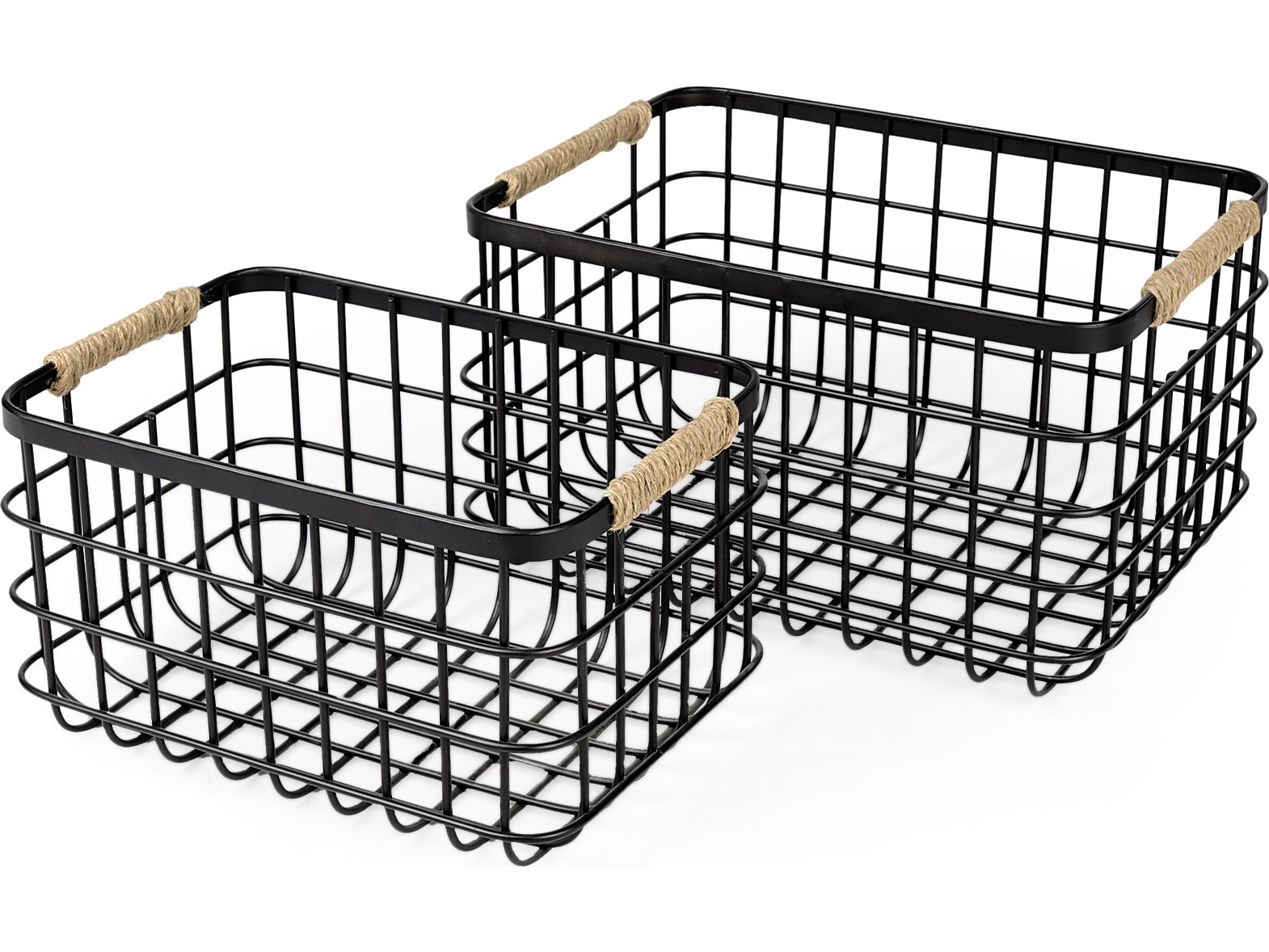 Marius 20.9L x 15.2W x 12.2 Set of Two Matte Black Metal W/ Rope Trim Rectangular Baskets