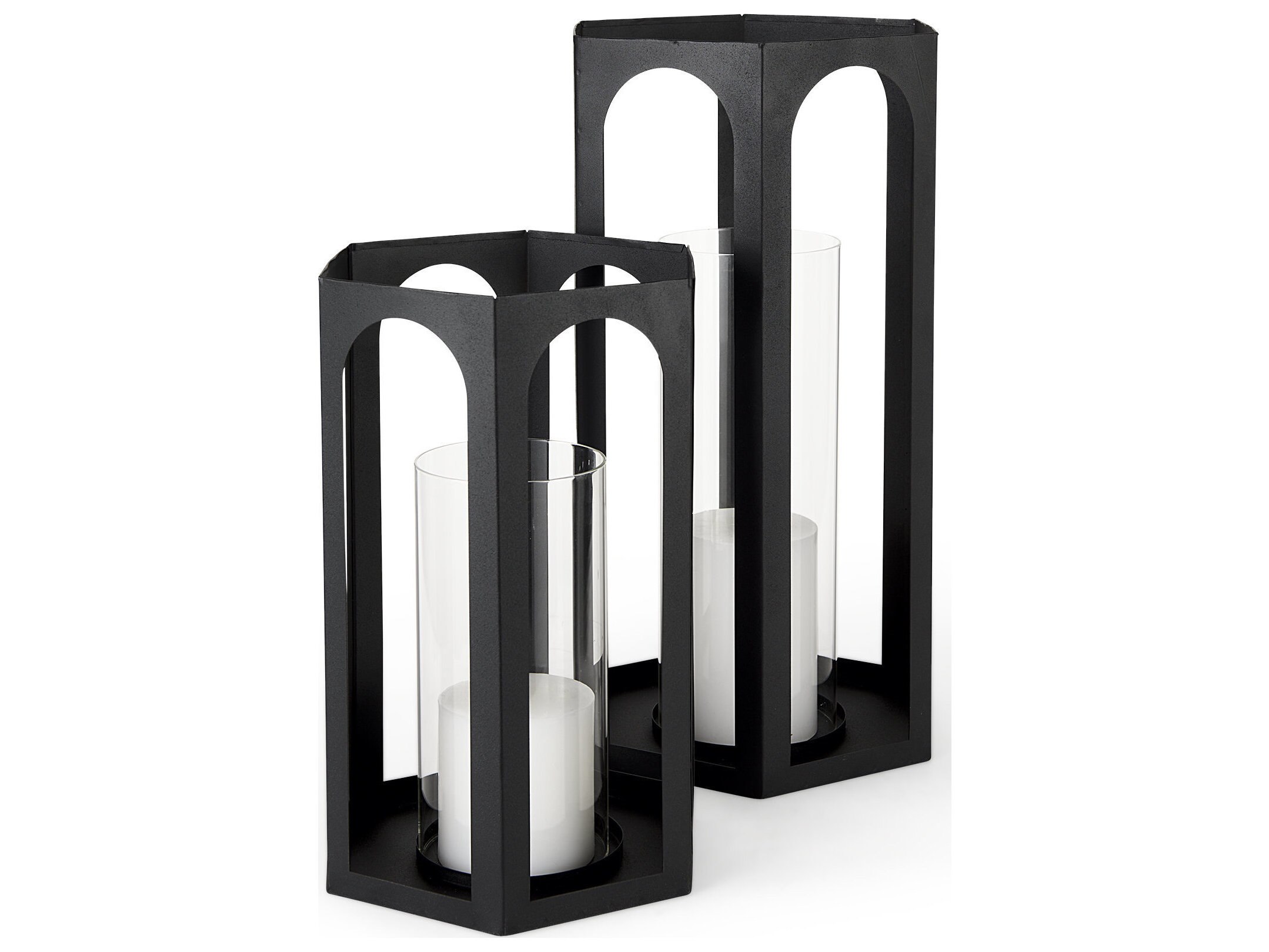 Balley 9.4L x 9.4W x 19.7H Set of Two Matte Black Metal Hexagonal Candle Holder Lanterns