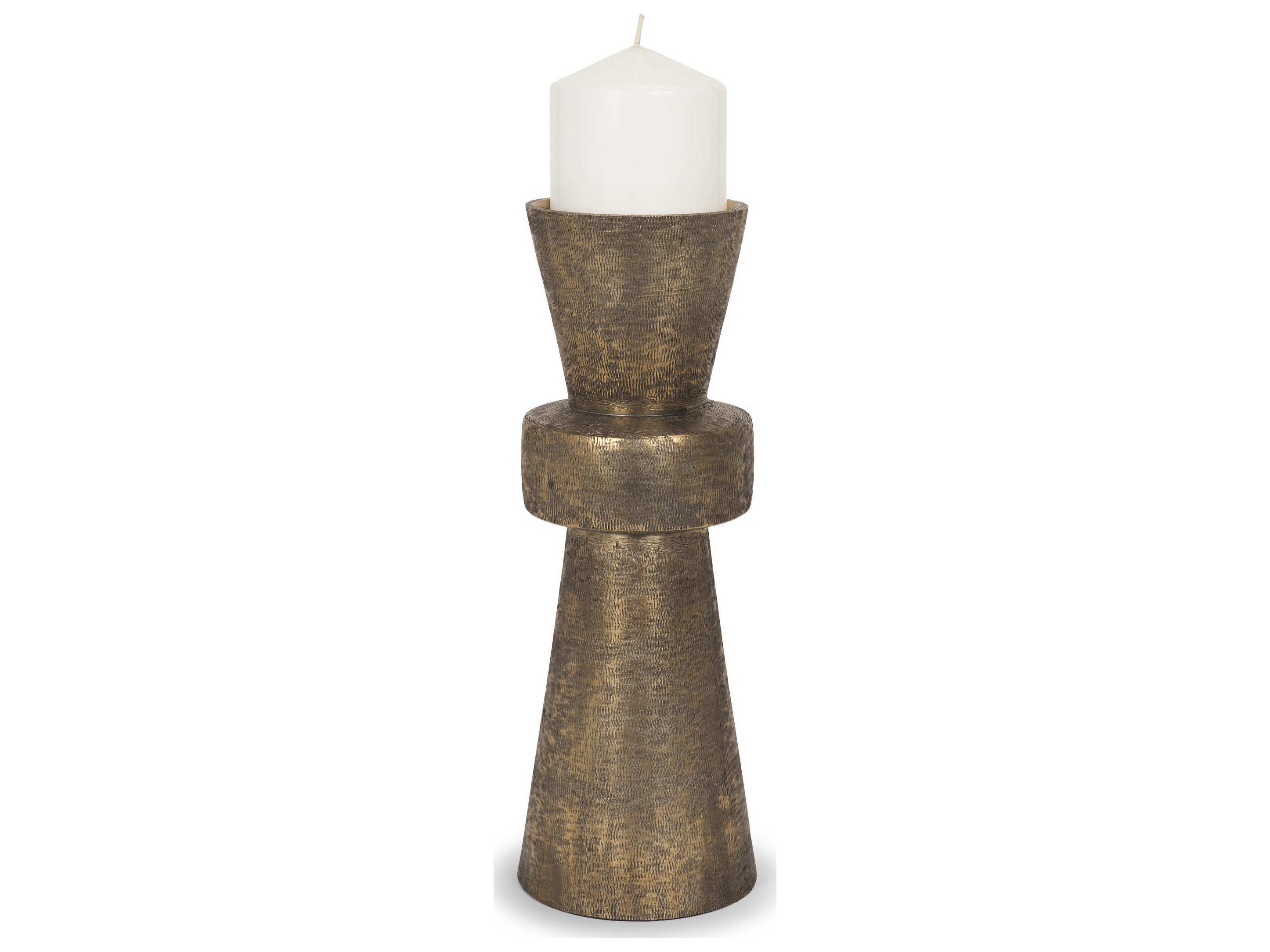 Odilia Large Textured Antiqued Gold Metal Geometric Pillar Candle Holder