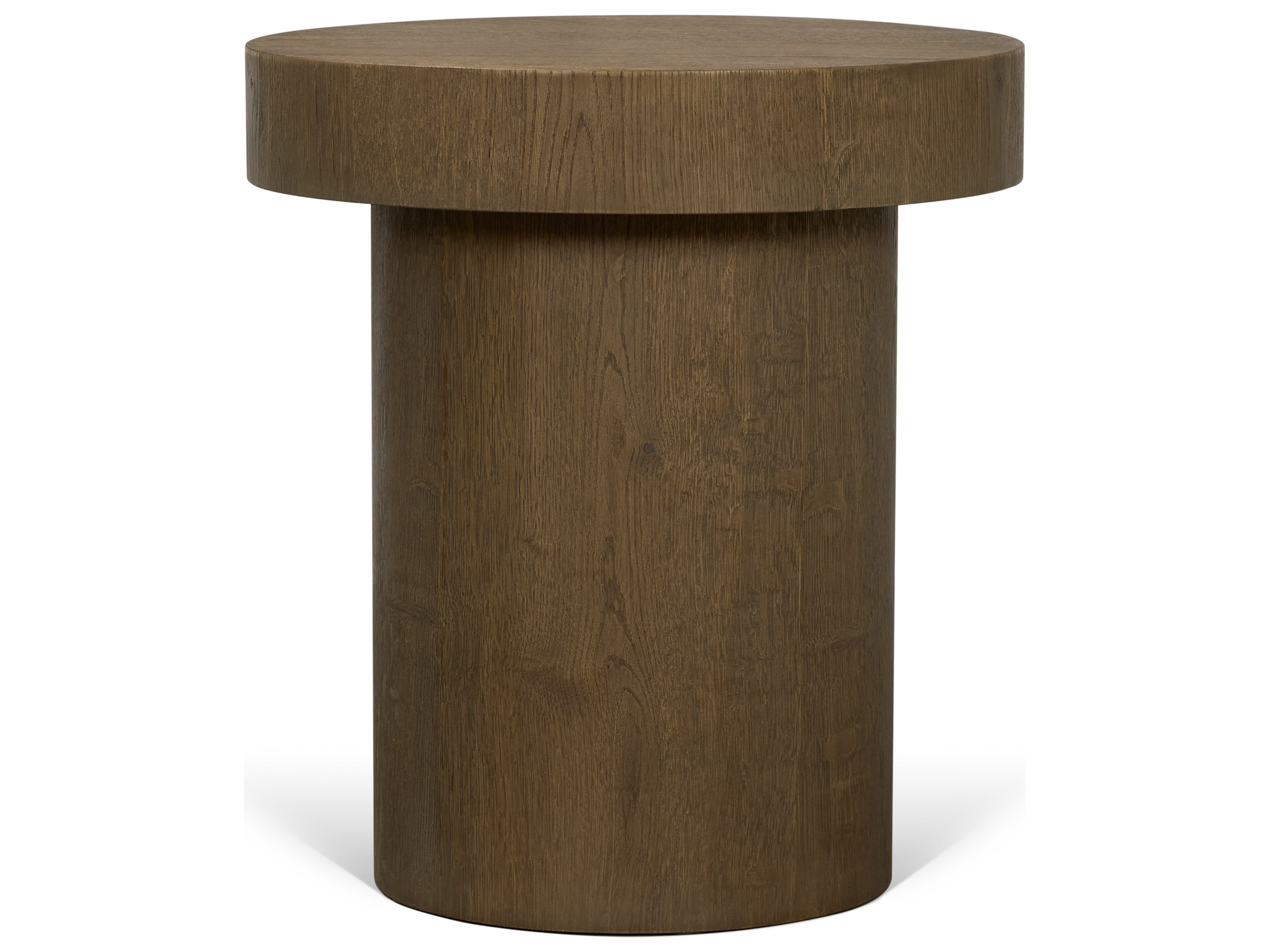 Lyonne Round Medium Brown Oak Wood Pedestal Side Tables