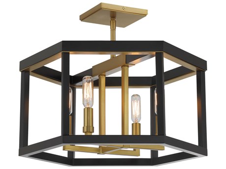 Minka Lavery Union Estates 4-Light Coal Soft Brass Black Geometric Semi Flush Mount